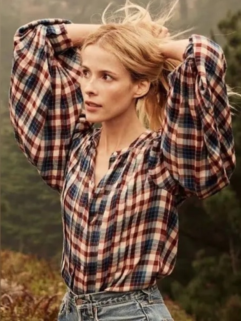 Doen Harlow Plaid Button-Up Blouse in Navy, Burgundy, Cream